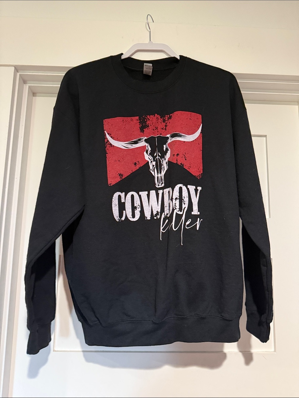 Gildan Black Crewneck Sweatshirt with Red & White Cowboy Graphic